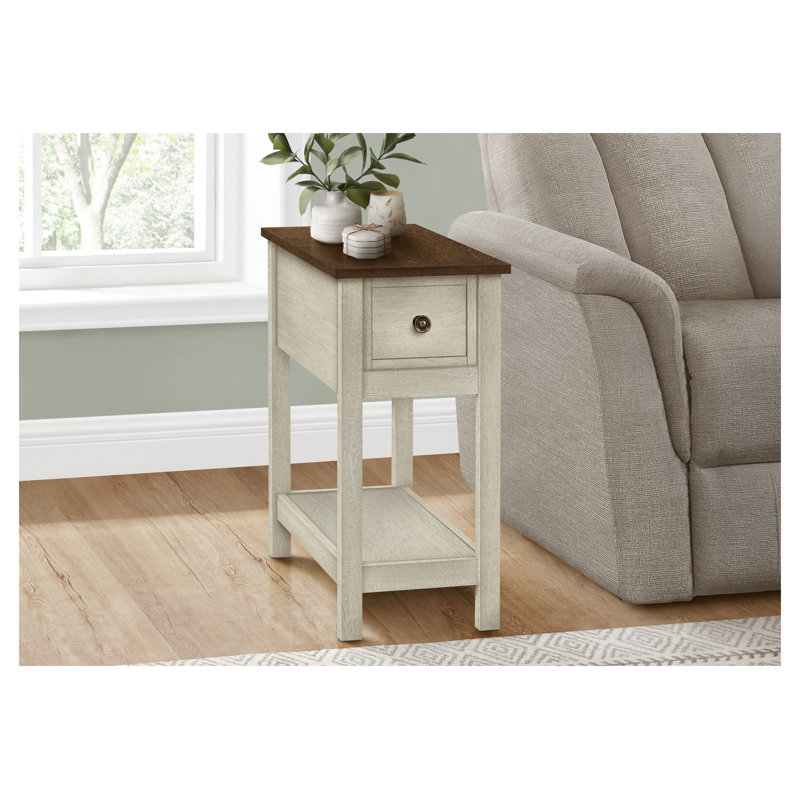 Table d'appoint étroite à 2 niveaux avec tiroir de rangement - Table d'appoint en placage brun et blanc antique pour le salon de la chambre à coucher, petit mobilier de style transitionnel