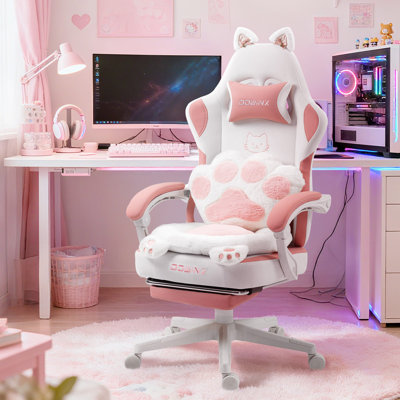Cute Cat Ear Gaming Chair with Paw Print Lumbar Support and Cushion, Ergonomic Computer Desk Chair with Footrest, Reclining PC Game Chair, 300lbs