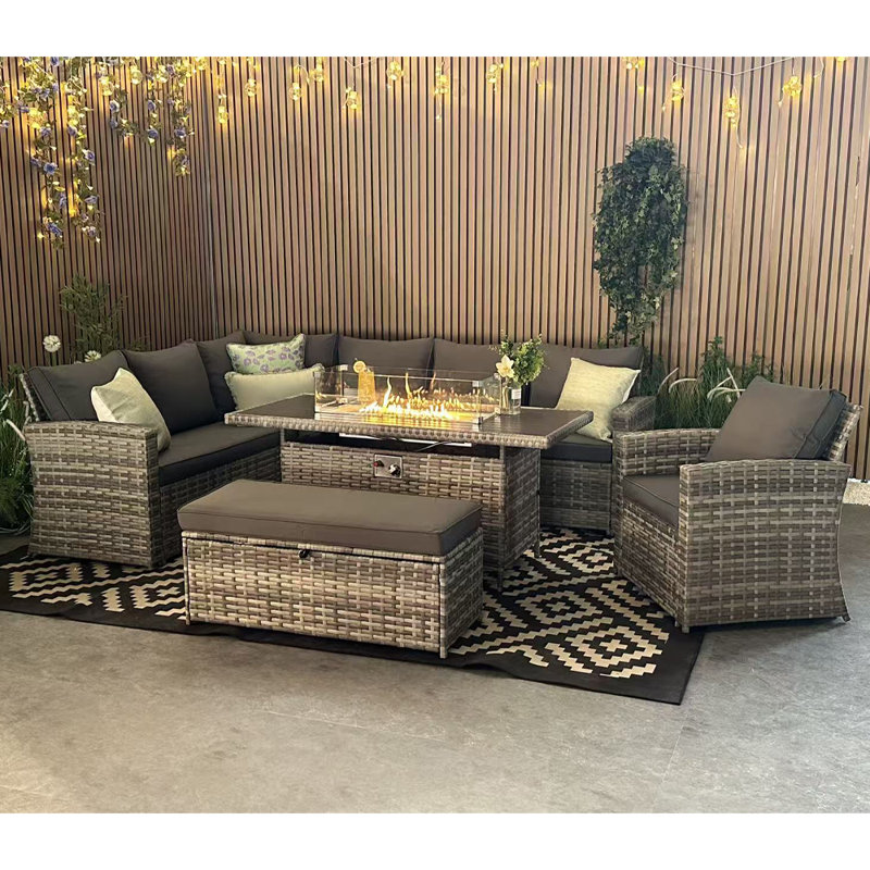 Rosen 9 Seater Corner Sofa Set With Fire-pit Dining Table With Storage Box And Armchair& Rain Cover, Grey