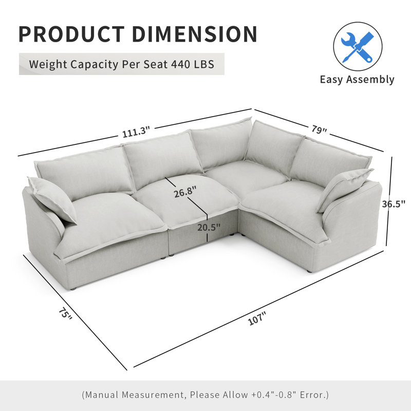 Modular Sectional Couch Down Filled Sofa, Comfty Convertible Deep Seat Cloud Couch For Living Room, Detachable Washable Couches Cushion Covers