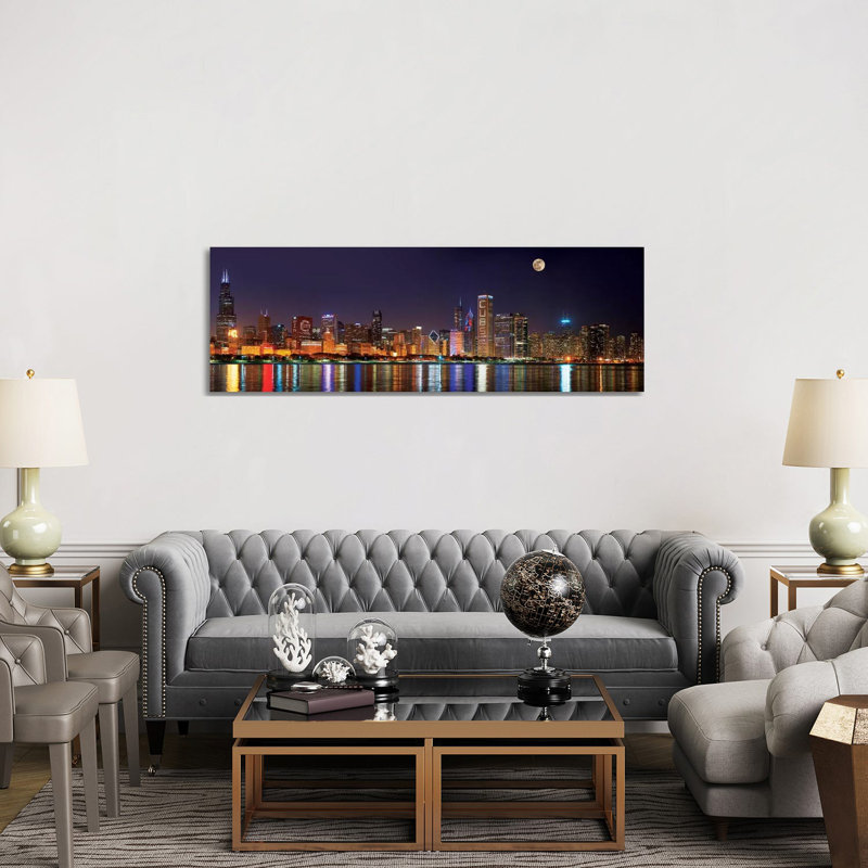 Reproduction de photo sur toile, "Chicago Cubs Pride Lighting across Downtown Skyline II, Chicago, Illinois", Toile tendue