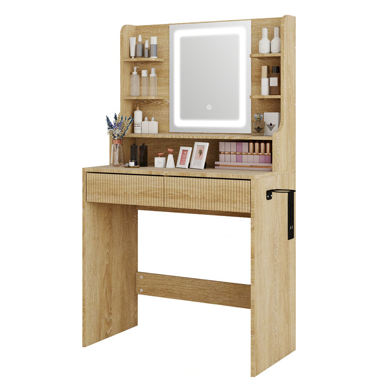 Degenhardt 80cm Led Lighted Mirror, Makeup Vanity Table With 2 Large Drawers And Charging