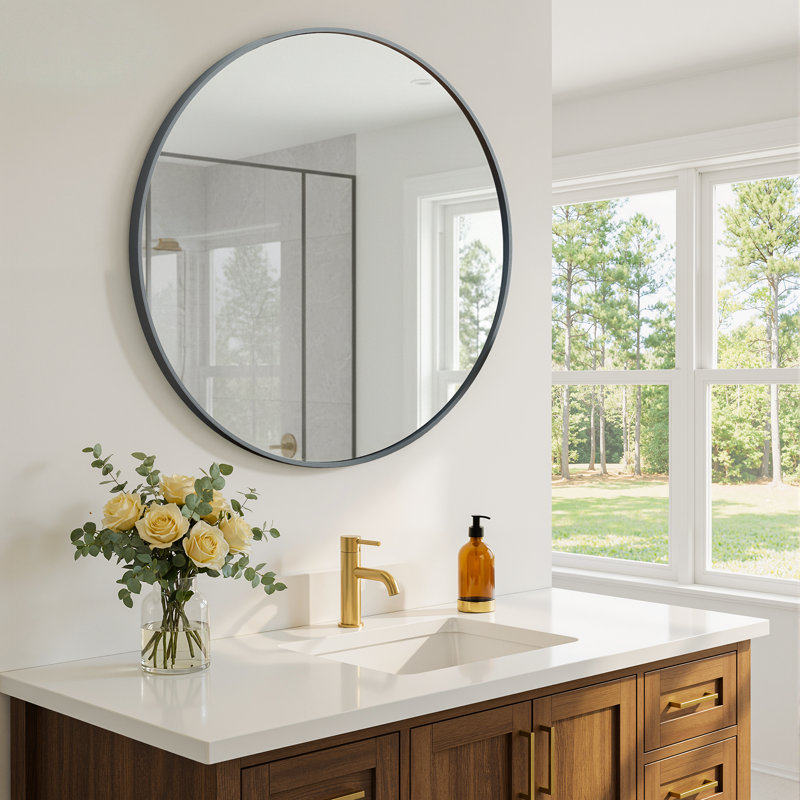 30 Inch Round Black HD Accent Mirror with Aluminum Alloy Frame Shatterproof Film Bathroom Vanity Mirror, 30" x 30", Black