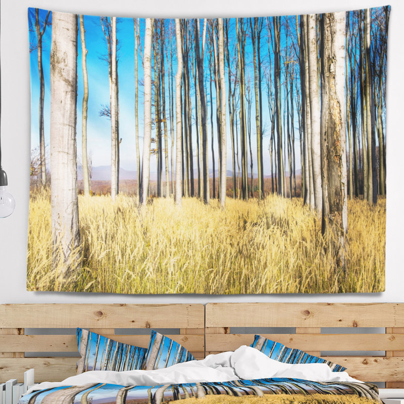 Ciel clair et buisson dans une tapisserie épaisse de forêt, H 32 po x l 39 po