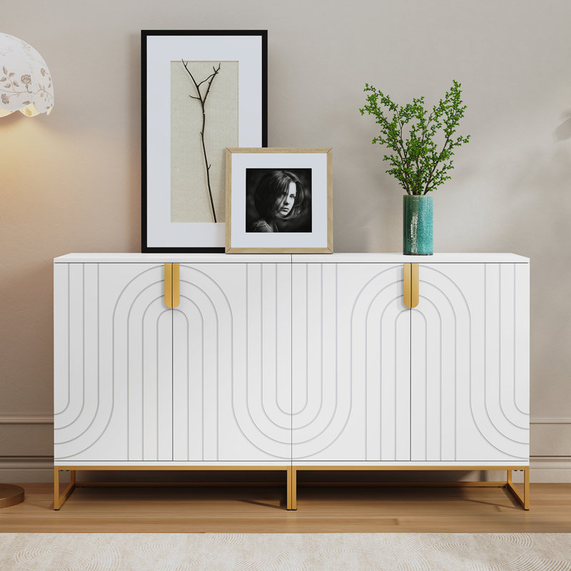 Modern 2-Door Accent Storage Cabinet, Sideboard with Metal Base, Geometric Pattern Buffet Cabinet, MDF, White, 31.7in