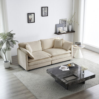 Modern Chenille In Beige - Solid Wood Base & Comfort Padding 2 Seat With Cushions 2 For Living Room 4 Pillows, Frame, High-Class Upholstery Fabric, Relaxing Area