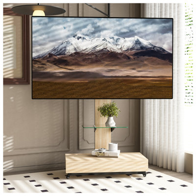 Modern Mobile TV Stand with Wheels & Glass Shelf, Adjustable Height Rolling TV Cart for 32-75 Inch TVs, Natural Wood Finish Entertainment Center