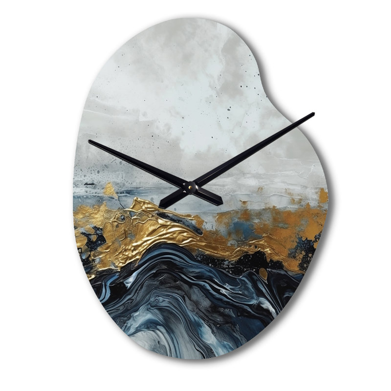 Horloge murale moderne grise et or moderne abstraite contemporaine III - marbre, forme asymétrique, Petit