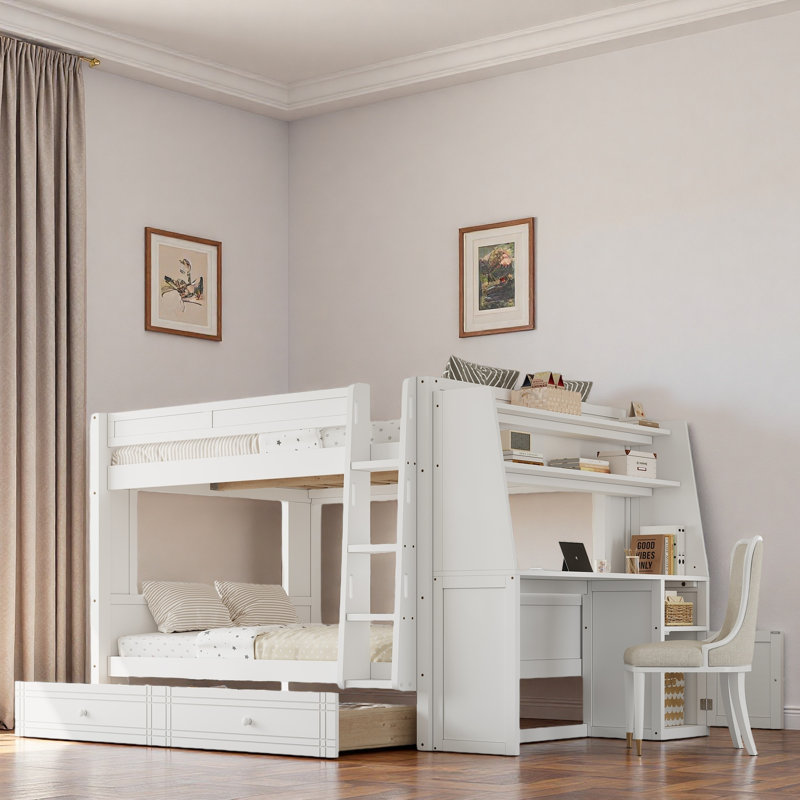 Lit superposé multifonctionnel avec bureau, étagères et tiroirs, Blanc