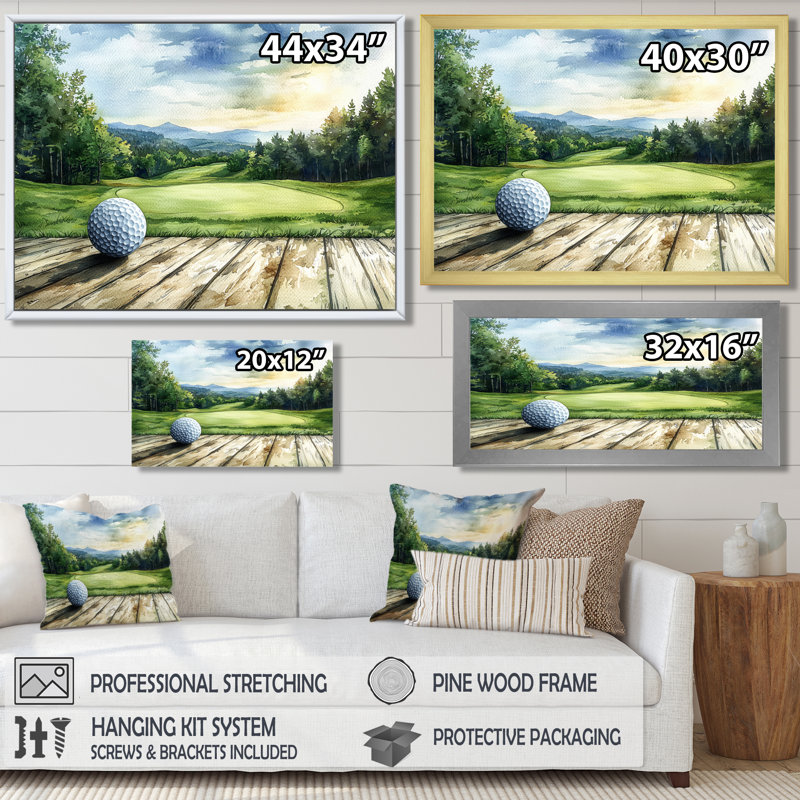 «Greens and Dreams Golf Course Landscape III», art mural golf, H 12 po x l 20 po, Cadre simple, Blanc
