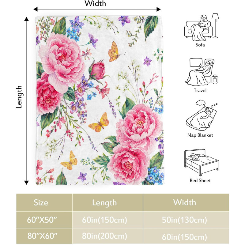 Couverture fleurie rose à papillons, 76 x 102 cm (30 x 40 pouces), idéale comme cadeau., L 7,87 po x l 9,84 po