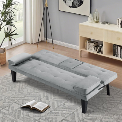 BSHTI 65" Modern Velvet Futon Sofa Bed with Drop Down Cup Holders, 3-Position Adjustable Backrest, Removable Arm Cushions, Chrome Legs for Living Room & Guest Room Black