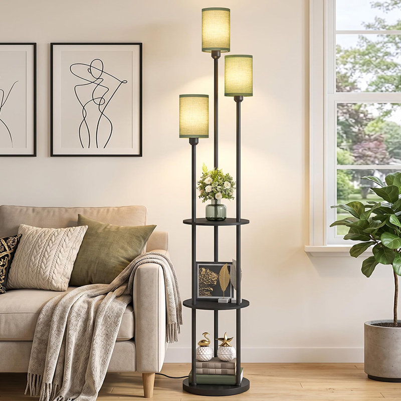 Lampe sur pied moderne 70,9 "à 3 lumières avec tablettes de rangement, abat-jour en lin et lampe sur pied pour le bureau de la chambre à coucher