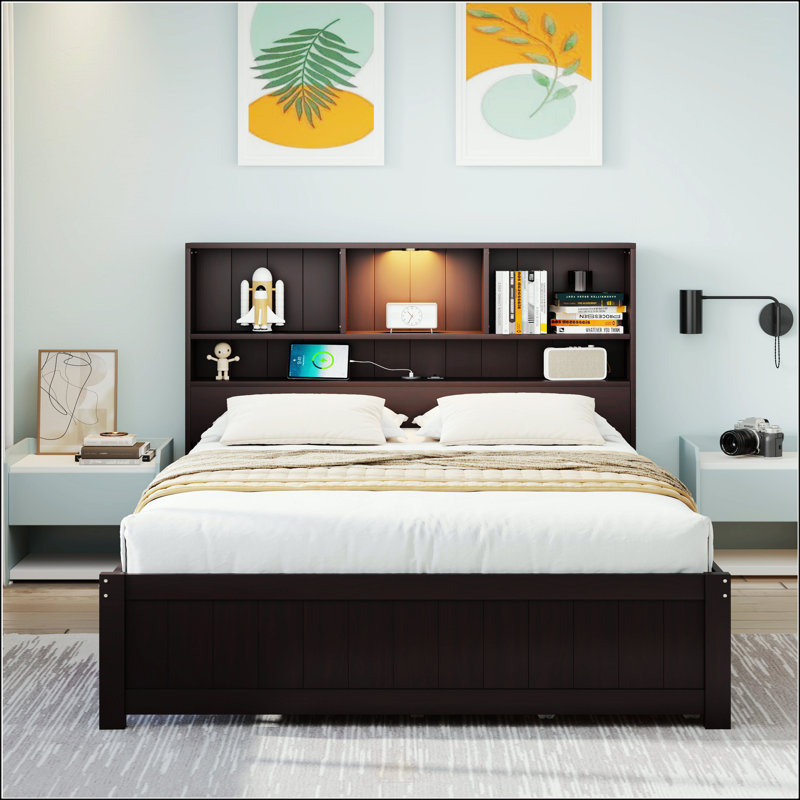 Twin Size Wood Platform Bed With Bookcase Headboard, Twin