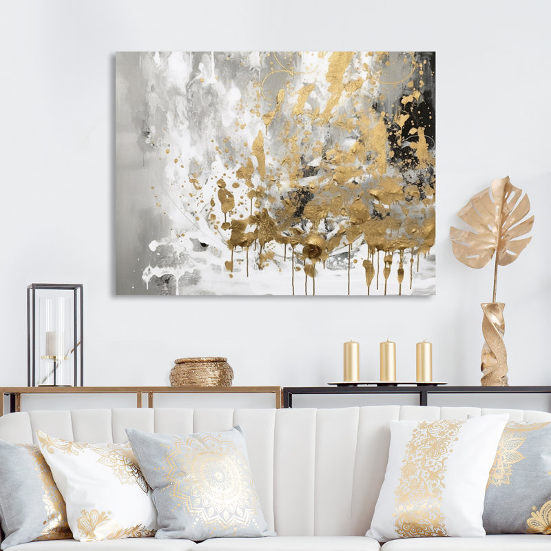 Croll " White And Gold Modern Abstract ", 12" H x 20" W x 1" D, Wrapped Canvas