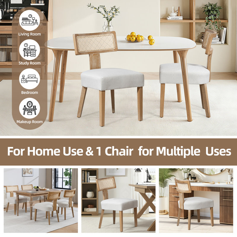 Linen Rattan Solid Wood Side Dining Chairs
