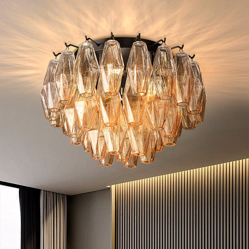 Plafonnier en cristal, Six lumières, H 11 po x l 22 po x P 22 po, Noir