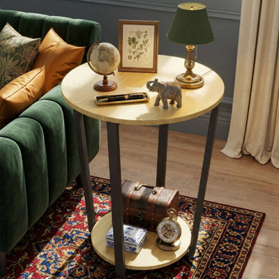 Table de bout ronde 17,7 po avec rangement à 2 niveaux - Table d'appoint d'appoint en bois industriel avec pieds en métal - Table de chevet robuste pour petits espaces 165 lb - Brun rustique