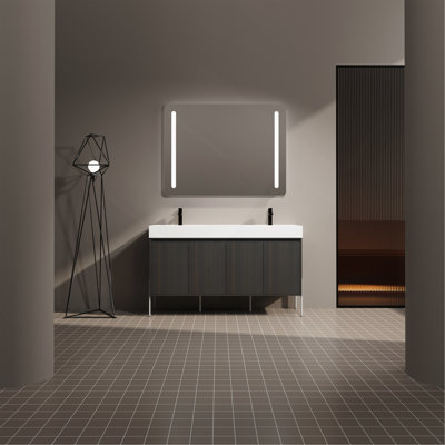 Meuble-lavabo autoportant de 60 po avec double lavabo en résine, armoire de rangement avec portes à fermeture douce