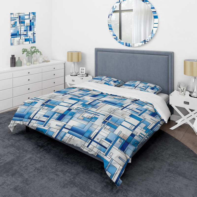 Ensemble de housse de couette en microfibre rétro blanc et bleu, Housse de couette pour grand lit et 2 taies décor