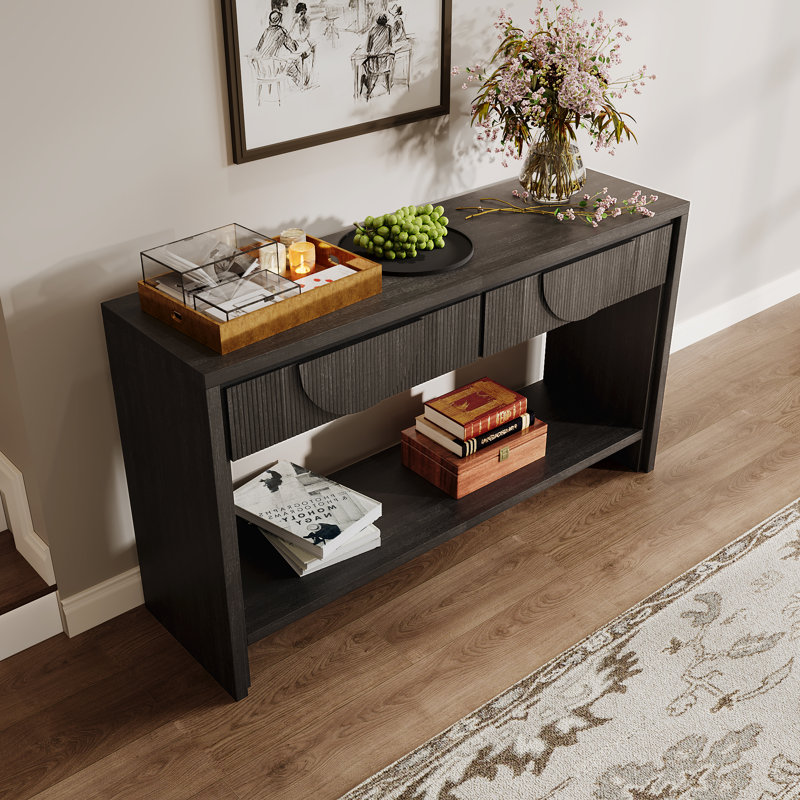 35.4"Wood Console Table With 2 Storage Drawers, And Open Storage Shelf For Entryway, Black