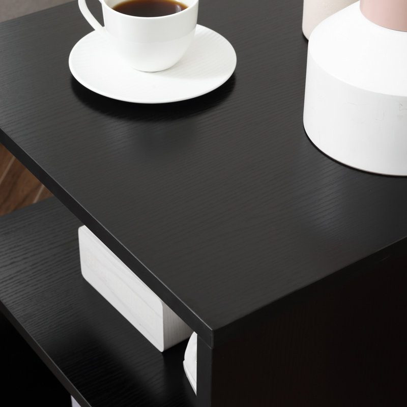 Modern Coffee Table With S-Shaped 3 Tiers Open Storage Shelf, Black, 19.68" H x 19.68" L x 20.03" W