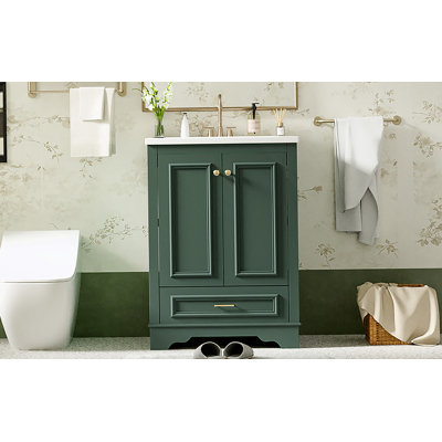 Meuble-lavabo 24 po avec lavabo en céramique, armoire de rangement autoportante moderne avec poignées argentées, portes à fermeture douce
