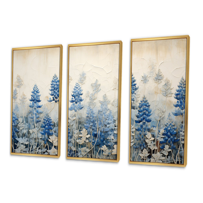 «Elegant Blue and Beige Bonnets Meadow», ensemble d'art sur toile Blue Bonnets, Cadre flottant doré