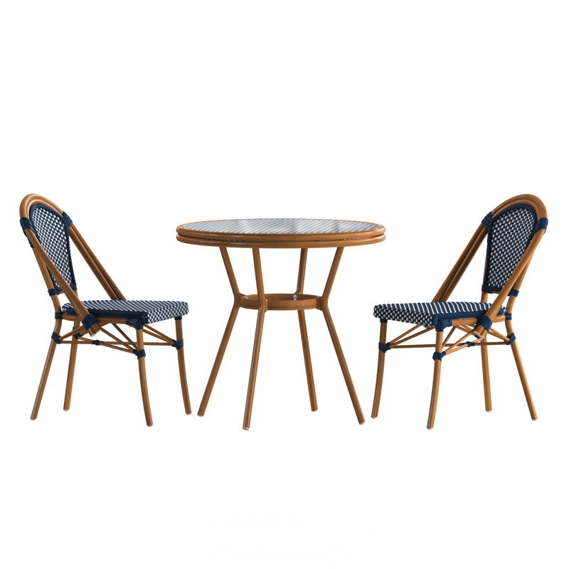 Rylan Indoor/Outdoor Commercial Bistro Set with Table and Two Chairs, Brown/Blue