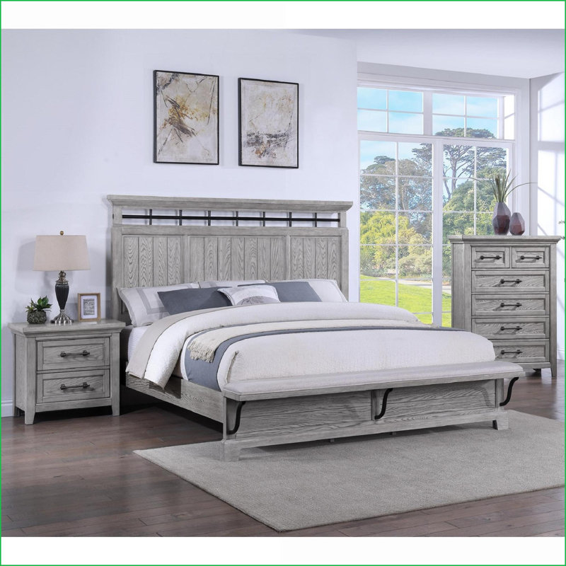 Table de chevet transitionnelle en bois 2 tiroirs gris clair avec poignées en métal