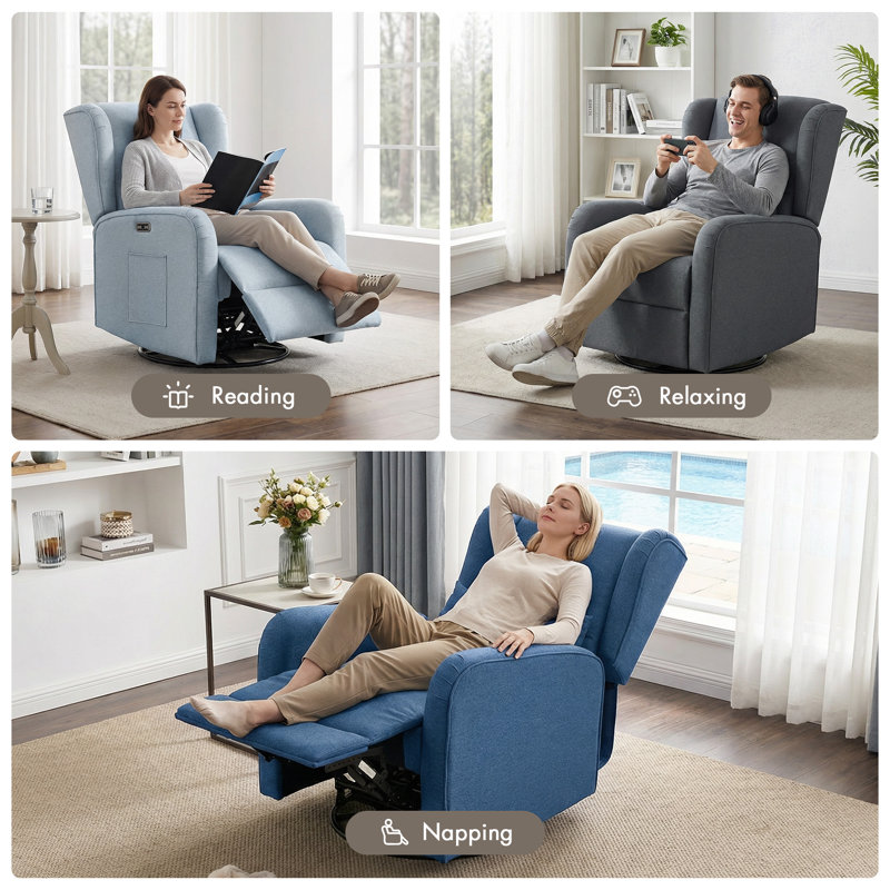 Candace 30"W 3-in-1 Power Recliner Wingback Swivel Glider with USB & Type-C Ports, Beige