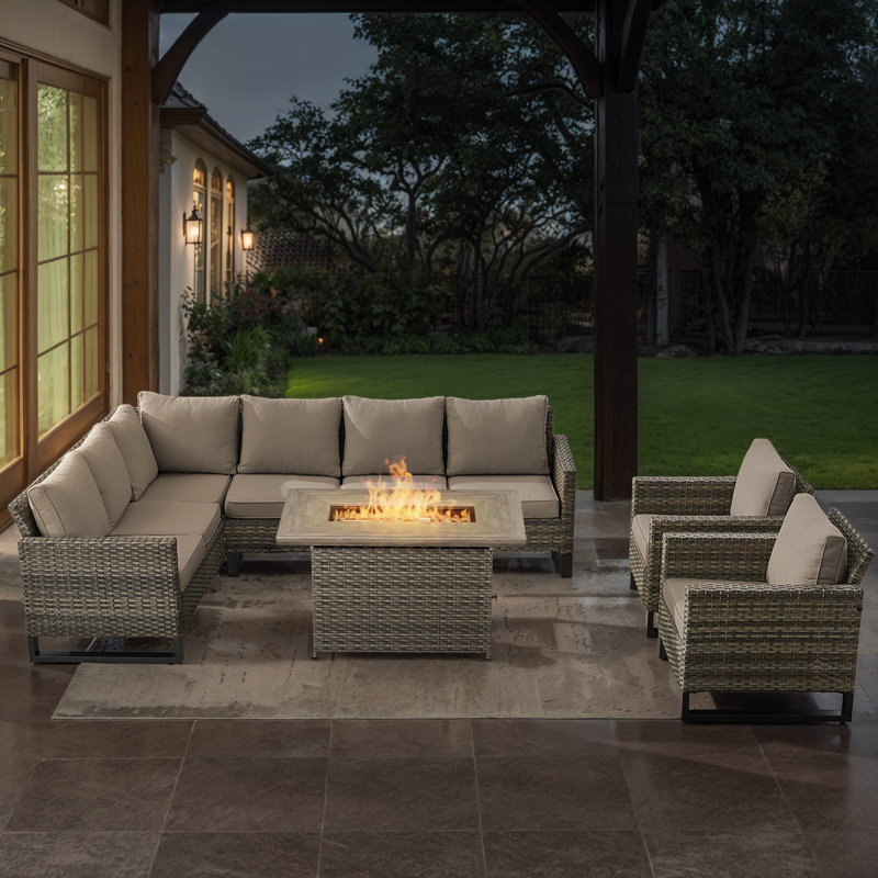 Ingvald 8- Person Outdoor PE Wicker Patio Seating Group with Fire Pit and Cushions, Gray, Gray