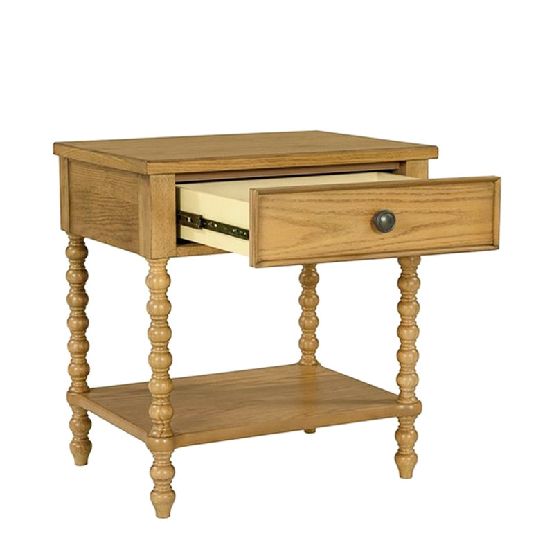 Table de chevet 2 tiroirs en bois massif, nuance traditionnelle, finition chêne brun clair, tiroir coulissant en métal