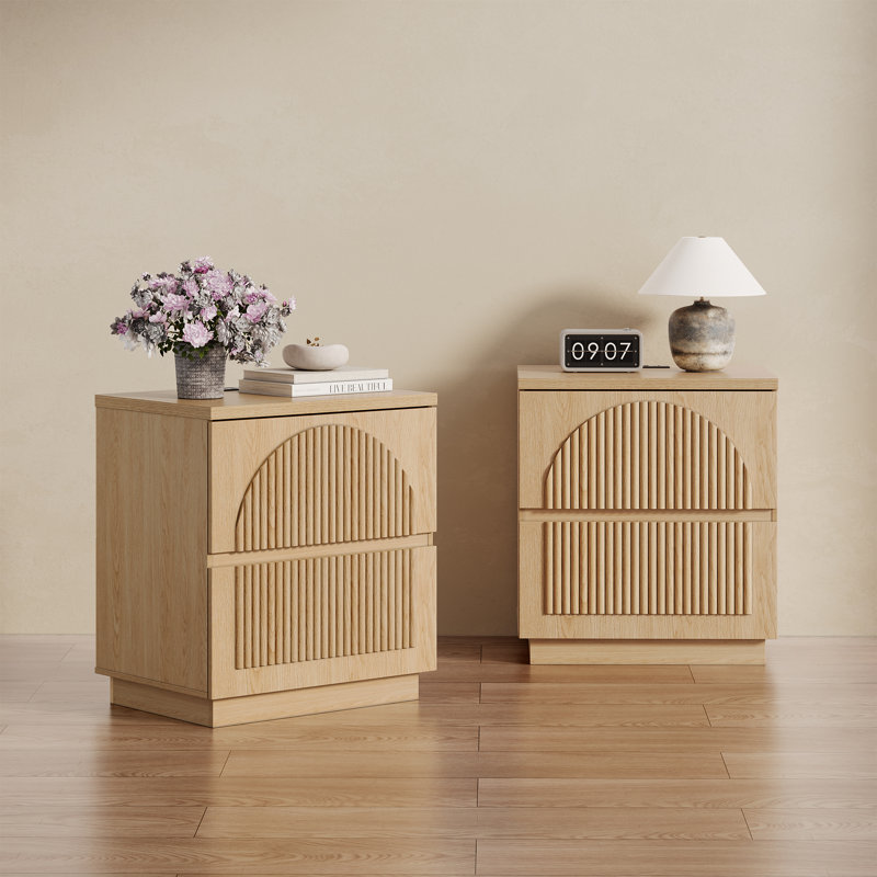 Designer Curved Three-dimensional Texture 2-drawer Fluted Panel Nightstand（set Of 2）, Nature