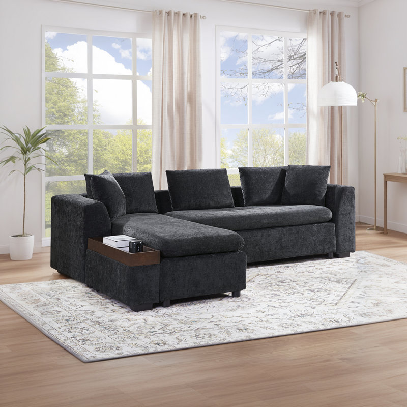 93.7" L-Shaped Sectional Sofa With Storage - Chenille Upholstered Couch For Living Room, Black Chenille