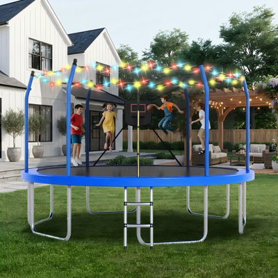 Trampoline 14FT avec lumières DEL et panier de basketball, trampoline d'extérieur robuste 1500LBS pour enfants et adultes