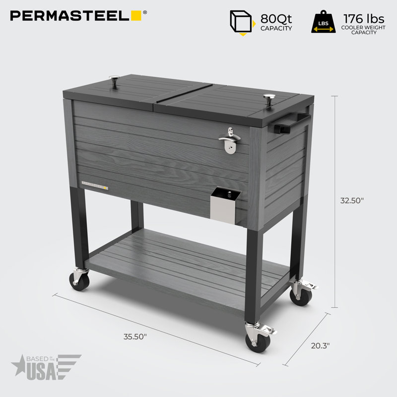 Permasteel 80-Qt Outdoor Rolling Patio Cooler on Wheels Woodgrain Style, Gray
