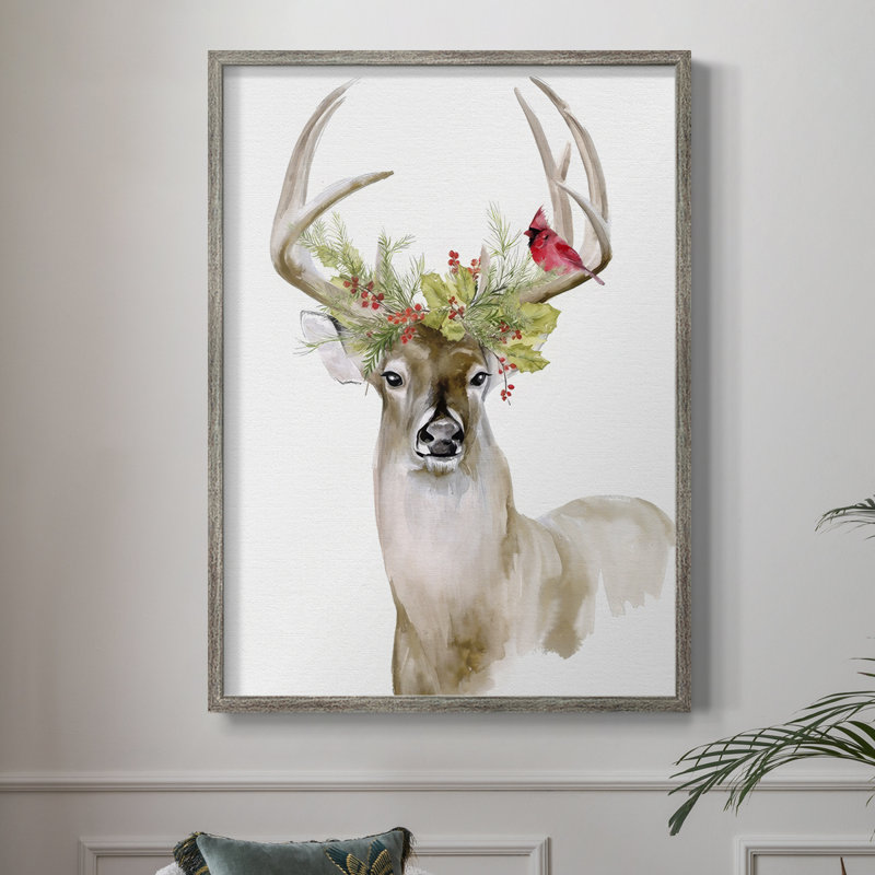 «Holiday Deer I», reproduction encadrée - bois massif, H 15 po x l 12 po