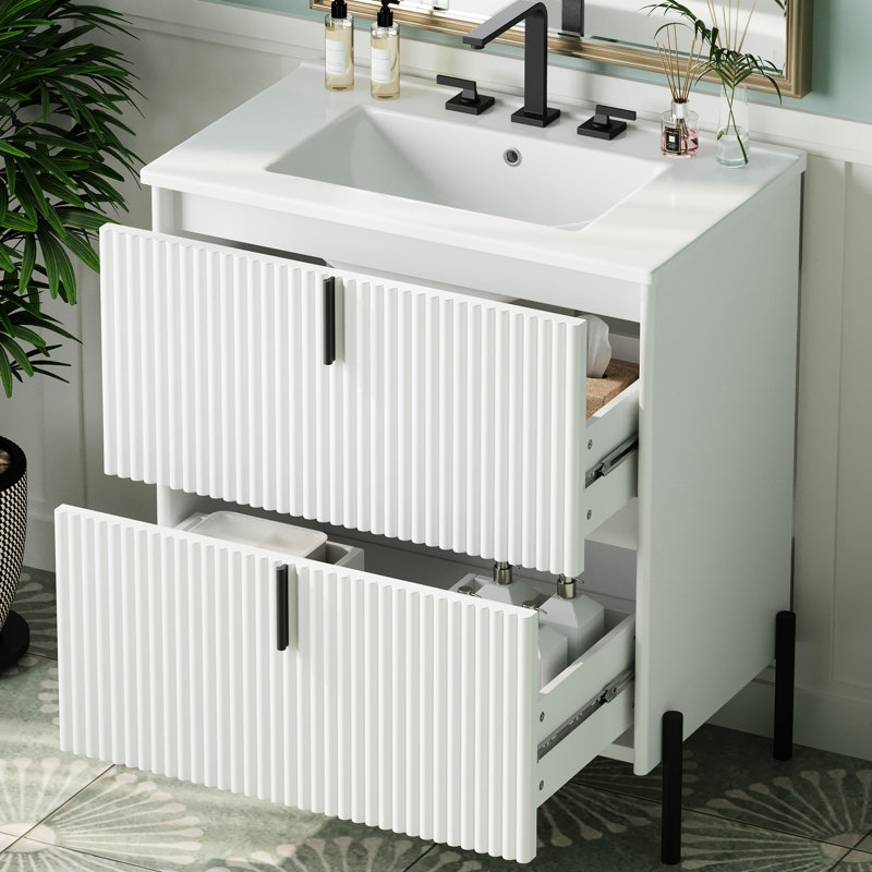 Meuble-lavabo blanc de 30 po avec lavabo en céramique, système de tiroir à fermeture en douceur, apparence cannelée et rangement optimal, meuble-lavabo, finition, glissières de fermeture, style, structure réfléchie