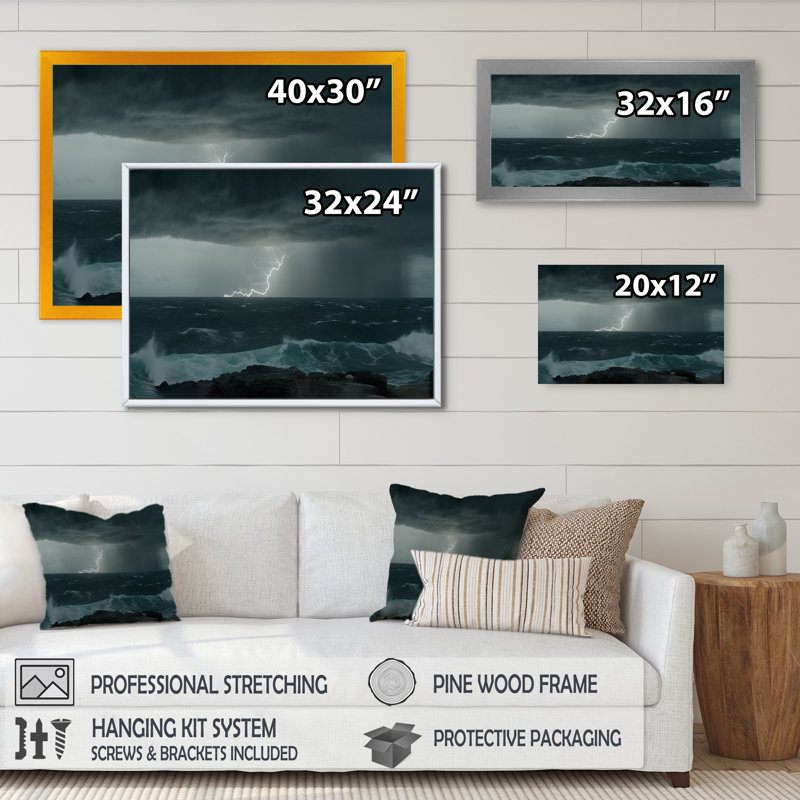 «Thunderstorm Of The Sea I», reproduction d'art sur toile, H 30 po x l 40 po x P 1,5 po, Cadre photo noir
