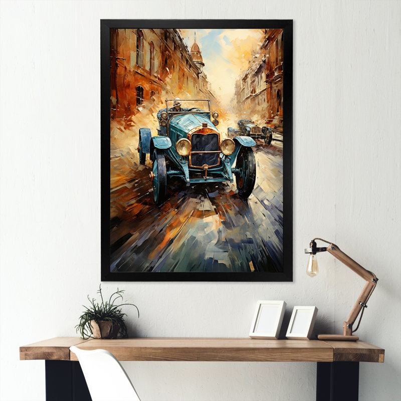 Bleu et jaune, course rétro, art mural, Cadre simple noir, H 32 po x l 16 po x P 1 po