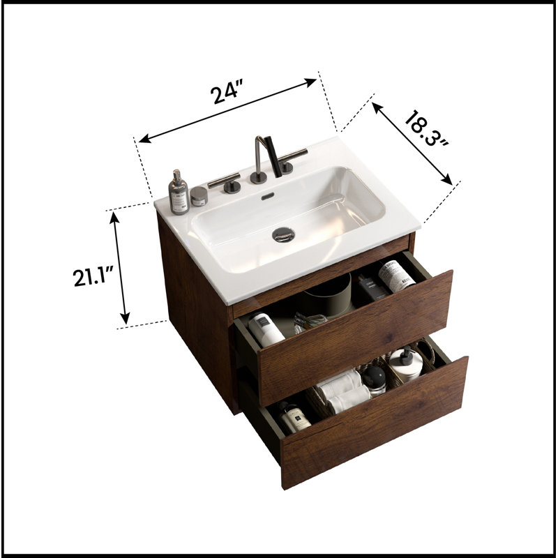 Meuble-lavabo flottant avec lavabo et 2 tiroirs, Walnut
