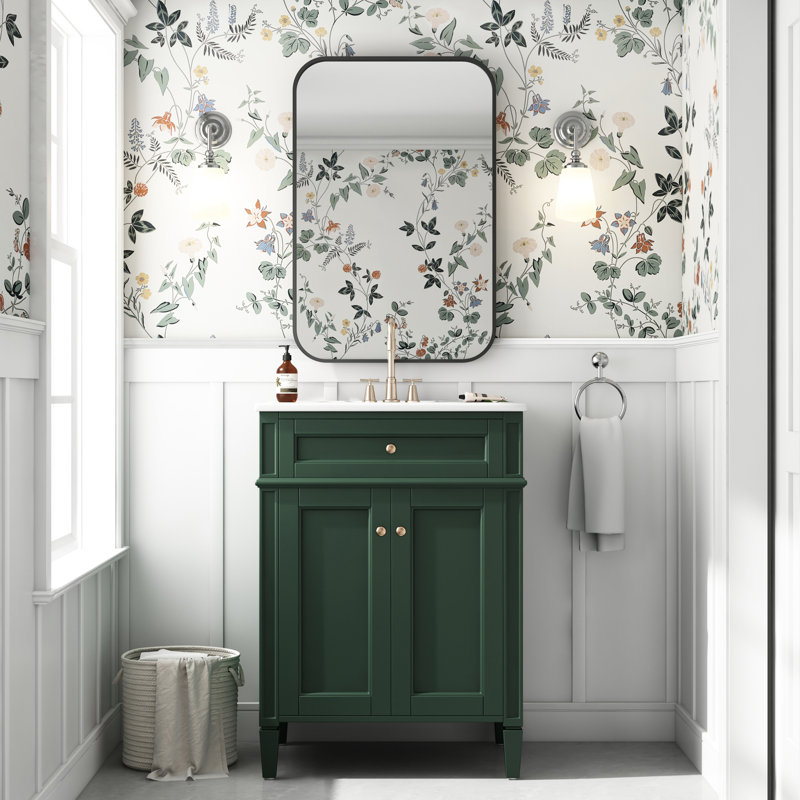 24 meubles de salle de bain de style français avec 2 portes et un tiroir, des solutions de rangement réfléchies, des rails coulissants lisses, des charnières à fermeture en douceur, idéales pour les salles de bain modernes en bois massif, facile à nettoyer
