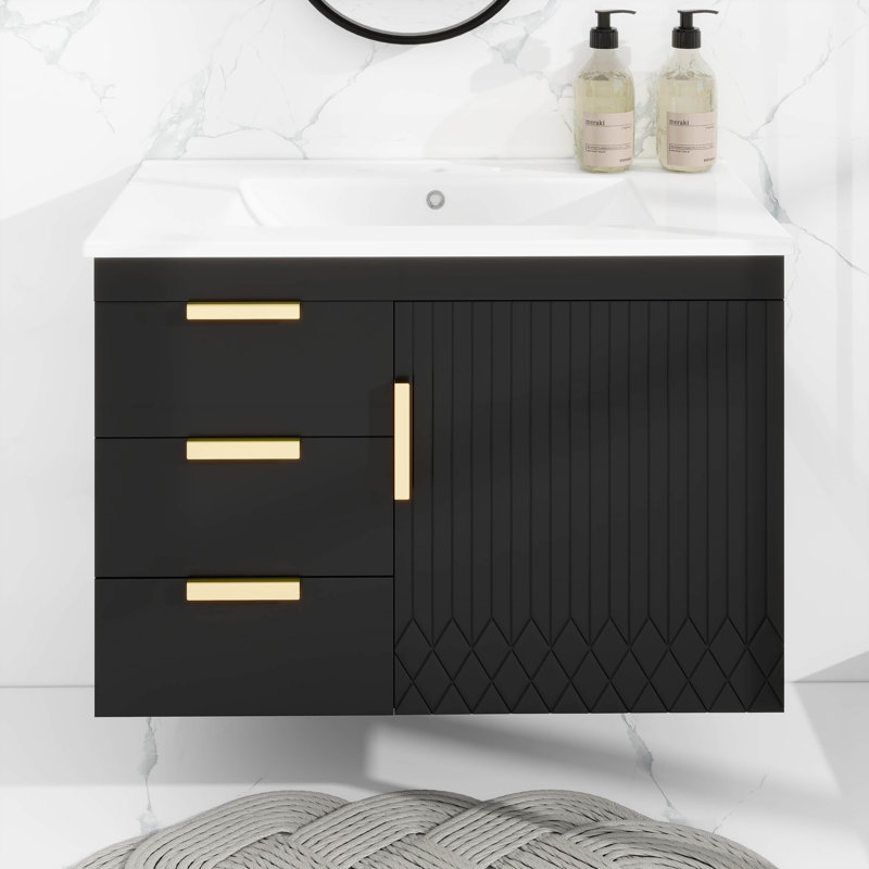 Armoire de salle de bain murale 30 "avec lavabo en céramique, Noir