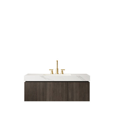 Meuble-lavabo de salle de bain 48 po avec comptoir en pierre frittée blanche, lavabo en céramique à 3 trous pour robinetterie, armoire flottante en contreplaqué, 1 tiroir et 2 portes, préassemblé, équerres d'angle anti-moisissure