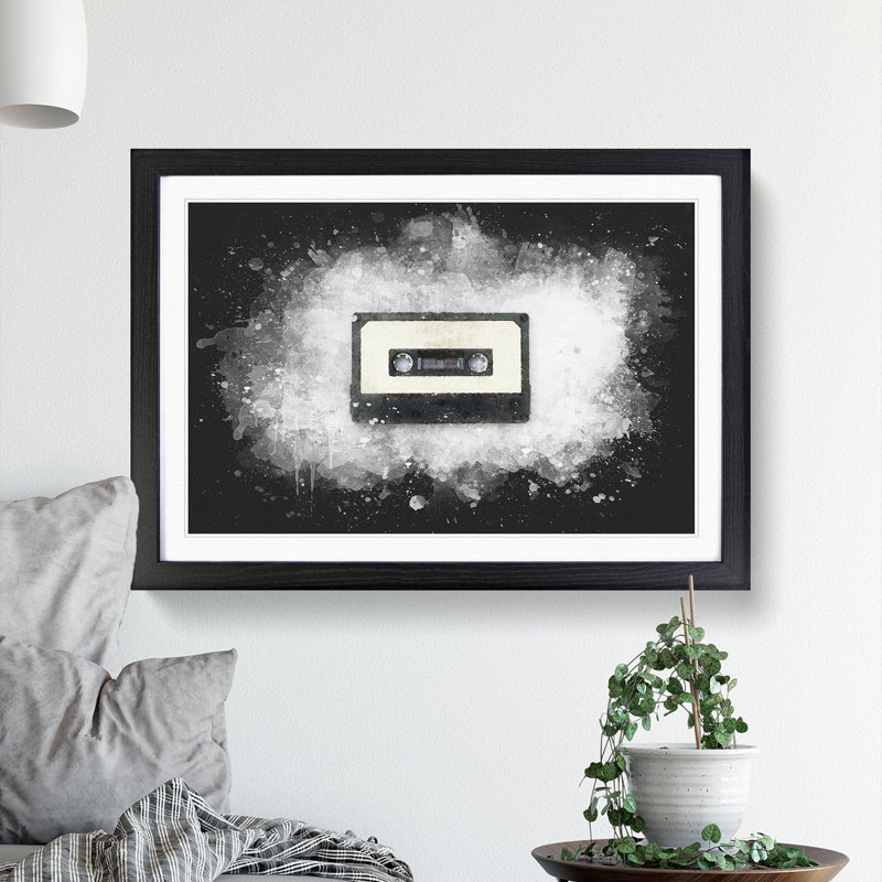 Retro Style Cassette Tape - Picture Frame Graphic Art, 24cm H x 33cm W x 2cm D, Black Framed