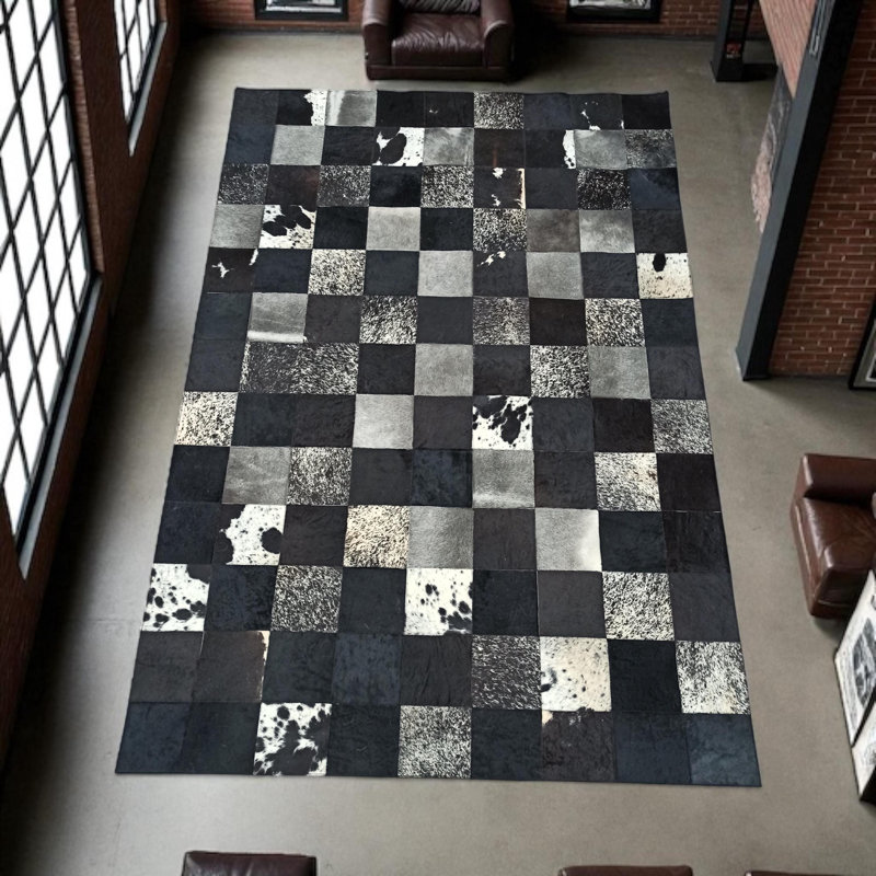 Tapis noir et blanc en cuir de vache à carreaux_10 x 14 pi, Rectangle 10 pi x 14 pi