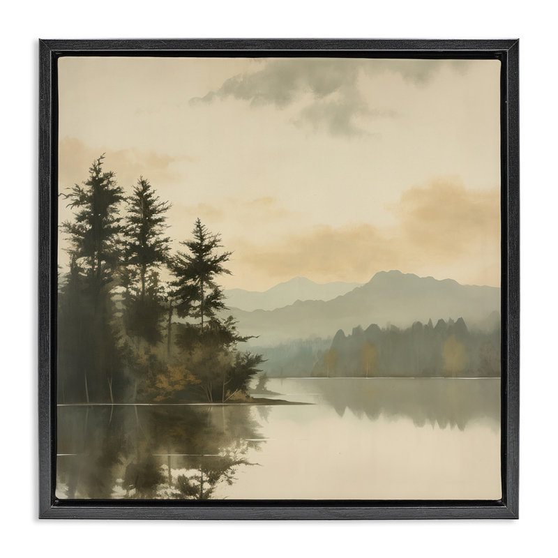 Paysage de montagne beige, H 18 po x l 18 po, Cadre flottant noir de jais