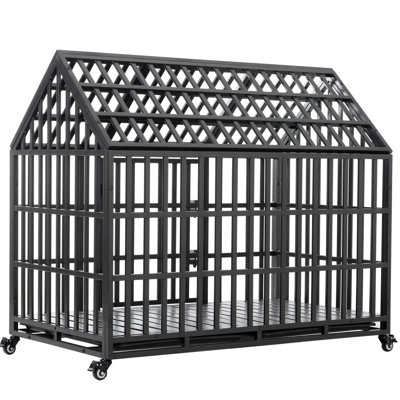 Heavy - Duty 55" Dog Crate, Large Dogs, Carbon Steel Build, Removable Plastic Pans, Good Ventilation 360 Degree Wheels