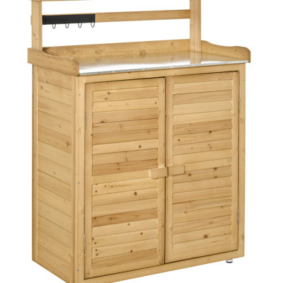 Table de jardin en bois de sapin massif, 3 tablettes, 2 portes magnétiques, crochets, jaune, L 34,94 po x l 17,82 po H 47,81 po